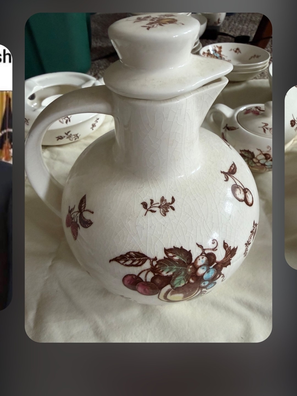 Cream Crackle Ceramic Pitcher with Fruit Decal